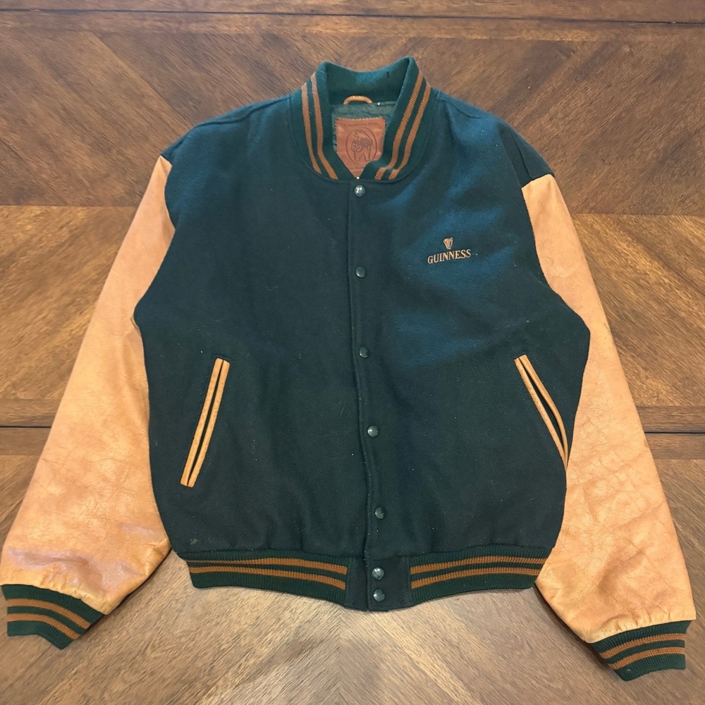 Golden Bear Guinness Varsity Jacket Mens XL Green Wool Tan Leather USA Made